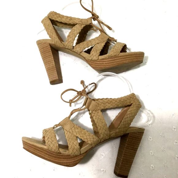 Tahari Tan "Denny" Woven Detail Open Toe Faux Suede Strappy Lace Up Sandal 8.5M - Picture 6 of 10